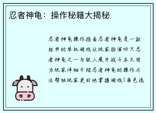 忍者神龟：操作秘籍大揭秘