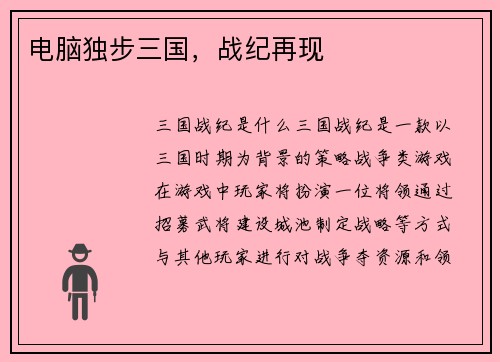 电脑独步三国，战纪再现